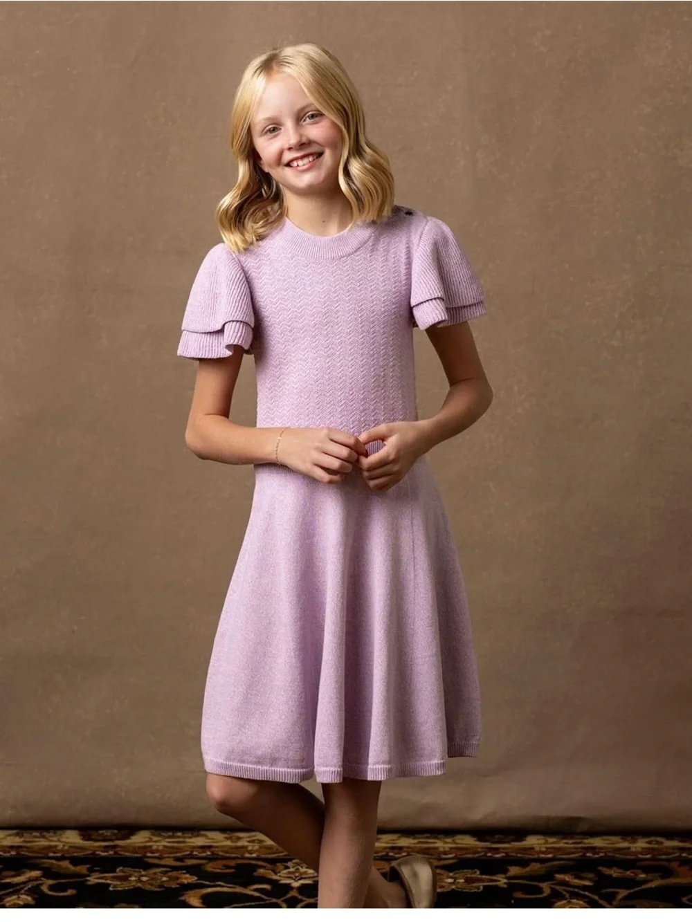 Girls' Lavender Knit Puff-Sleeve Dress